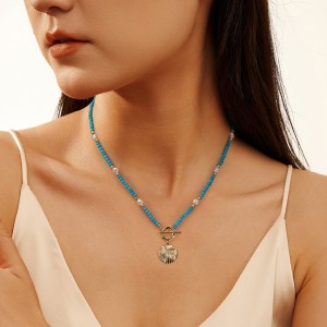 S925 Vintage Blue Turquoise Fresh Water Pearl Shell Necklace 80200421