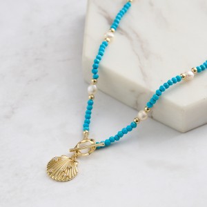 S925 Vintage Blue Turquoise Fresh Water Pearl Shell Necklace 80200421