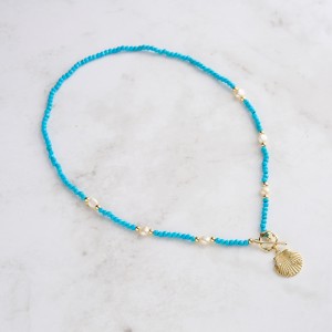 S925 Vintage Blue Turquoise Fresh Water Pearl Shell Necklace 80200421