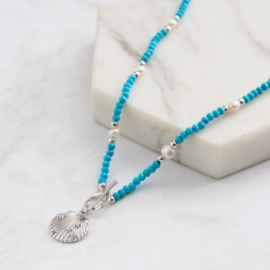 S925 Vintage Blue Turquoise Fresh Water Pearl Shell Necklace 80200421