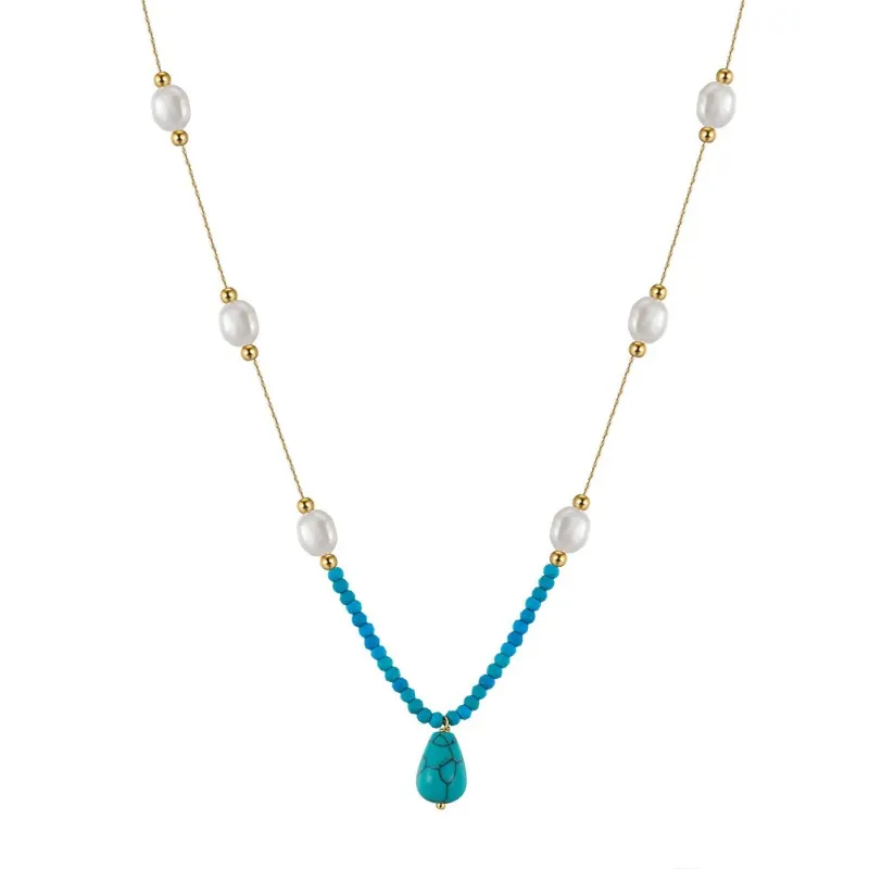 S925 Vintage Turquoise Fresh Water Pearl Necklace 80200423