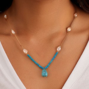 S925 Vintage Turquoise Fresh Water Pearl Necklace 80200423