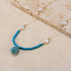 S925 Vintage Turquoise Fresh Water Pearl Necklace 80200423