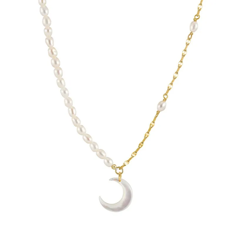 925 Sterling Silver Fresh Water Pearl Crescent Moon Necklace 80200425