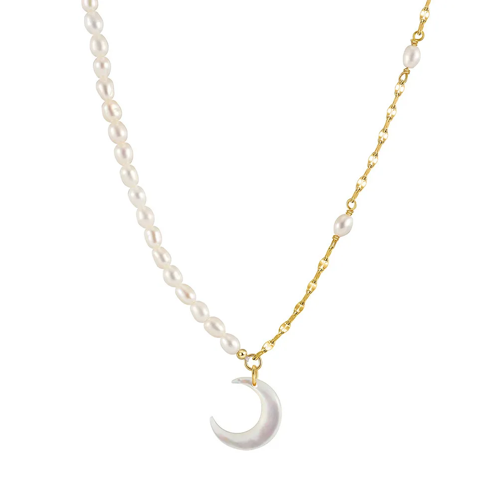 925 Sterling Silver Fresh Water Pearl Crescent Moon Necklace 80200425