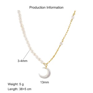925 Sterling Silver Fresh Water Pearl Crescent Moon Necklace 80200425