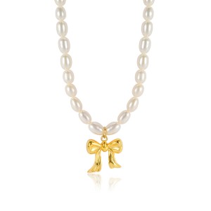 925 Sterling Silver Fresh Water Pearl Bow Pendant Necklace 80200436