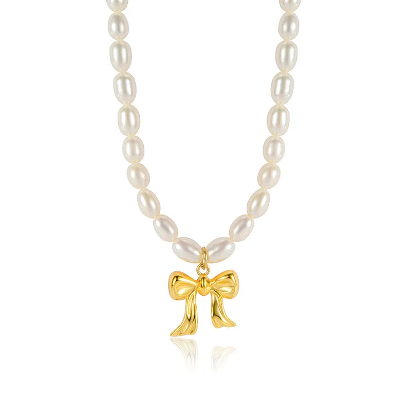 925 Sterling Silver Fresh Water Pearl Bow Pendant Necklace 80200436