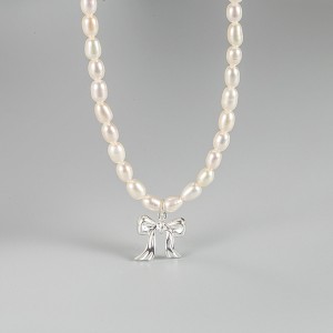 925 Sterling Silver Fresh Water Pearl Bow Pendant Necklace 80200436
