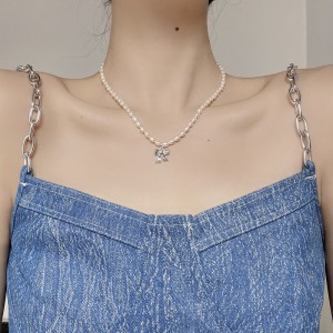 925 Sterling Silver Fresh Water Pearl Bow Pendant Necklace 80200436