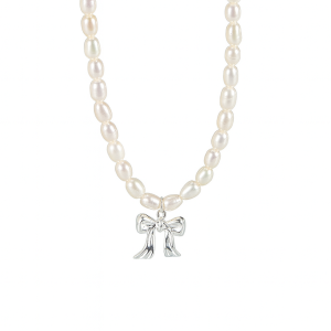 925 Sterling Silver Fresh Water Pearl Bow Pendant Necklace 80200436