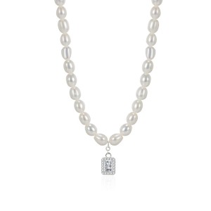 925 Sterling Silver Fresh Water Pearl Zirconia Pendant Necklace 80200439