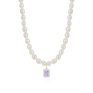 925 Sterling Silver Fresh Water Pearl Zirconia Pendant Necklace 80200439