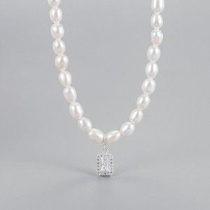925 Sterling Silver Fresh Water Pearl Zirconia Pendant Necklace 80200439