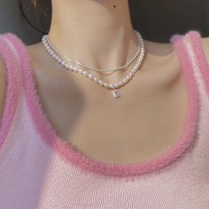 925 Sterling Silver Fresh Water Pearl Zirconia Pendant Necklace 80200439