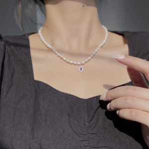 925 Sterling Silver Fresh Water Pearl Zirconia Pendant Necklace 80200439