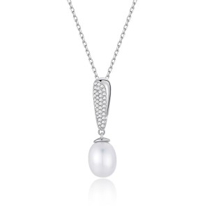 925 Sterling Silver Fresh Water Pearl Zirconia Pendant Necklace 80200441