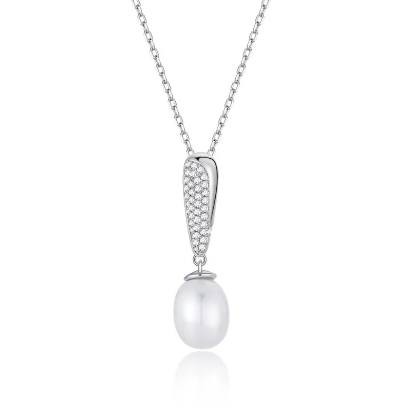 925 Sterling Silver Fresh Water Pearl Zirconia Pendant Necklace 80200441