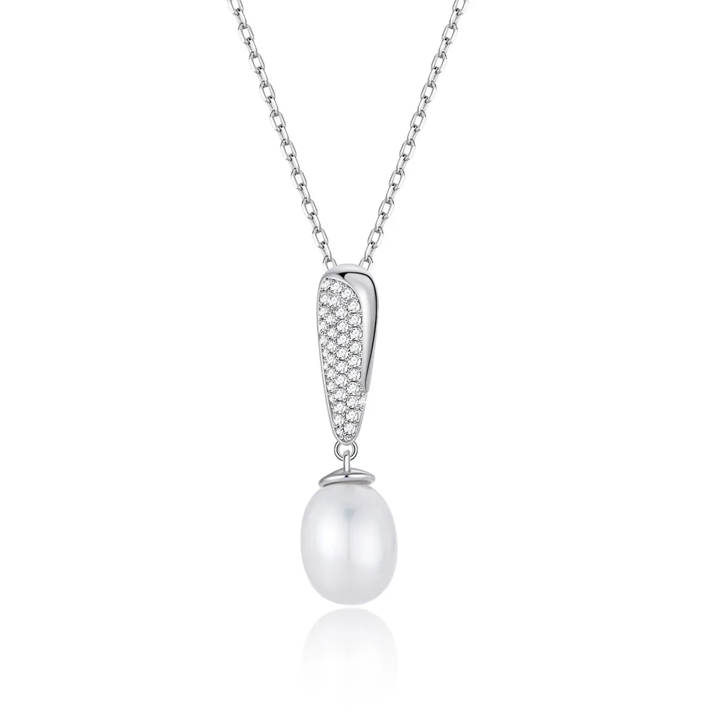 925 Sterling Silver Fresh Water Pearl Zirconia Pendant Necklace 80200441
