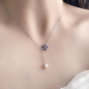 925 Sterling Silver Flower Necklace Pearl Tassel Necklace 80200447