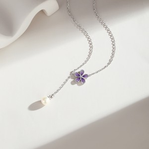 925 Sterling Silver Flower Necklace Pearl Tassel Necklace 80200447