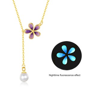 925 Sterling Silver Flower Necklace Pearl Tassel Necklace 80200447