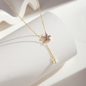 925 Sterling Silver Flower Necklace Pearl Tassel Necklace 80200447