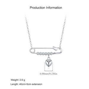 925 Sterling Silver Safety Pin Heart Pendant Necklace 80200448