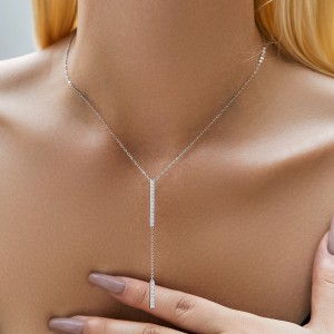 925 Sterling Silver Y-Shaped Long CZ Necklace 80200456