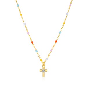 925 Sterling Silver Colorful Beaded Cross Pendant Necklace 80200459