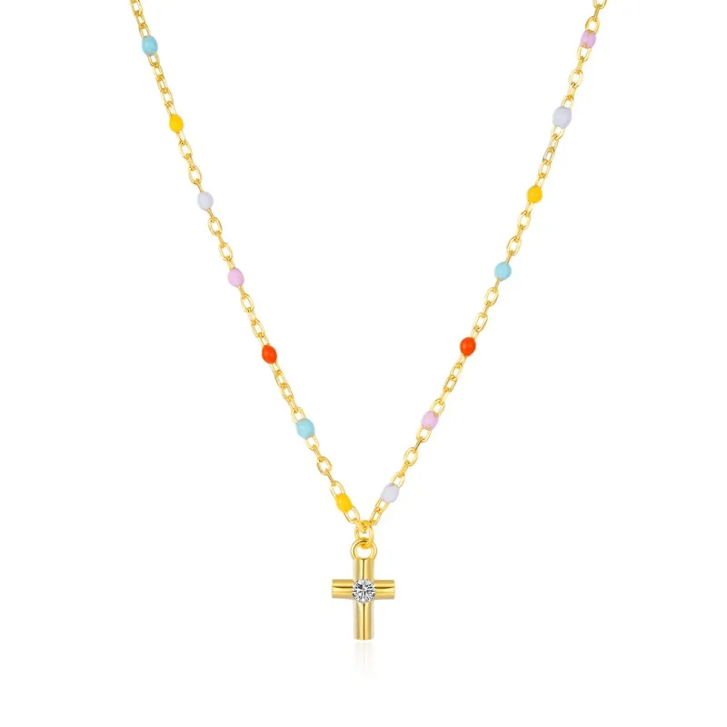 925 Sterling Silver Colorful Beaded Cross Pendant Necklace 80200459