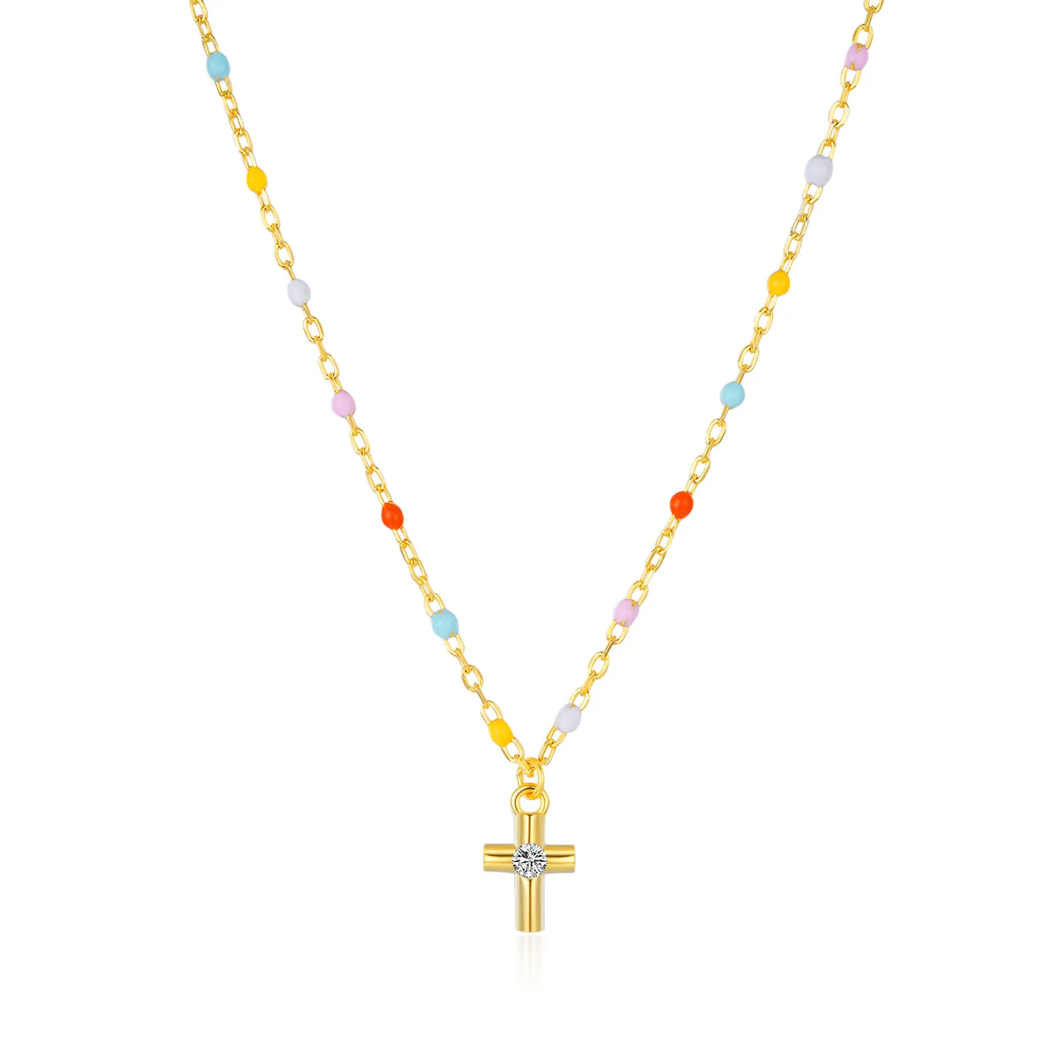 925 Sterling Silver Colorful Beaded Cross Pendant Necklace 80200459