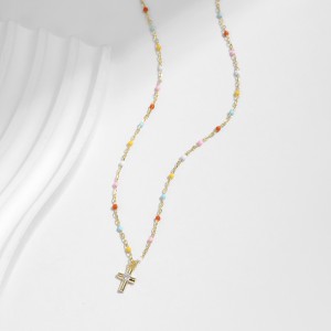 925 Sterling Silver Colorful Beaded Cross Pendant Necklace 80200459