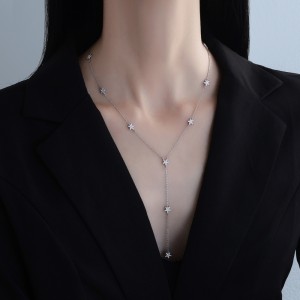 925 Sterling Silver Zircon Star Tassel Long Necklace 80200494
