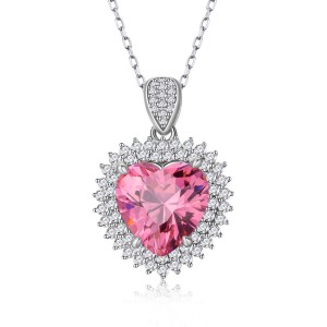 925 Sterling Silver Heart Pink CZ Pendant Necklace 80200497