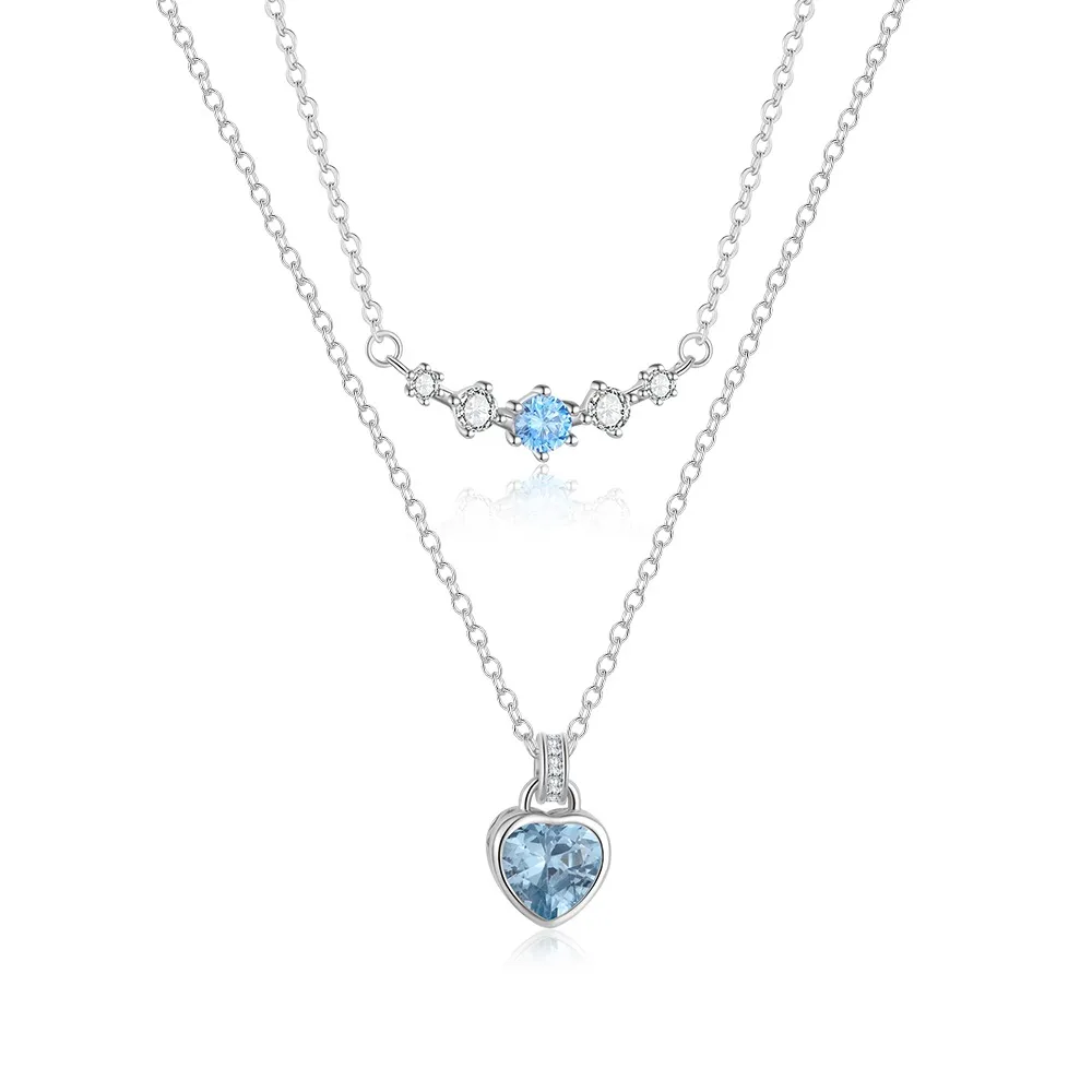 925 Sterling Silver Aquamarine Spinel Heart Curved Bar Necklace 80200518