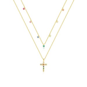925 Sterling Silver Rainbow CZ Cross Charm Double Chain Necklace 80200522