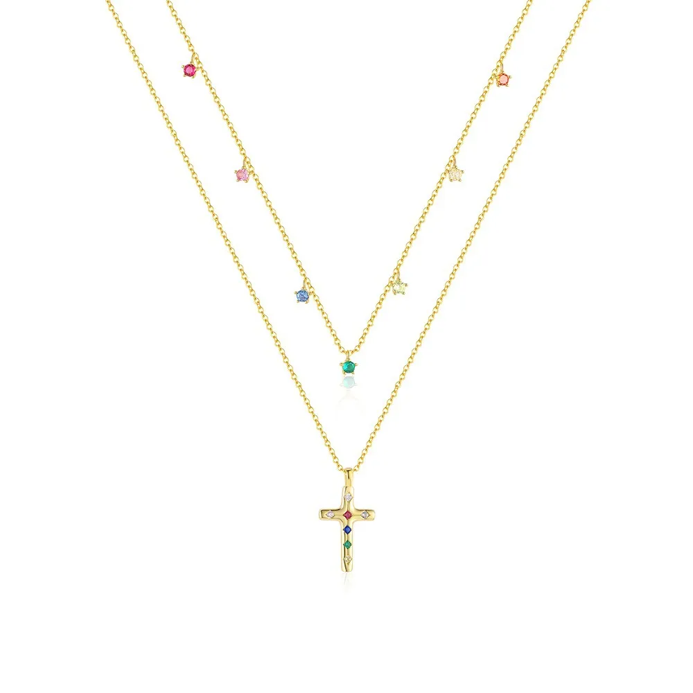 925 Sterling Silver Rainbow CZ Cross Charm Double Chain Necklace 80200522