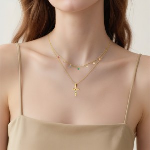 925 Sterling Silver Rainbow CZ Cross Charm Double Chain Necklace 80200522