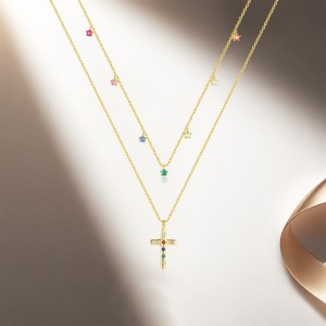 925 Sterling Silver Rainbow CZ Cross Charm Double Chain Necklace 80200522
