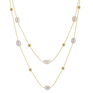 925 Sterling Silver Fresh Water Pearl Layered Chain Necklace 80400006