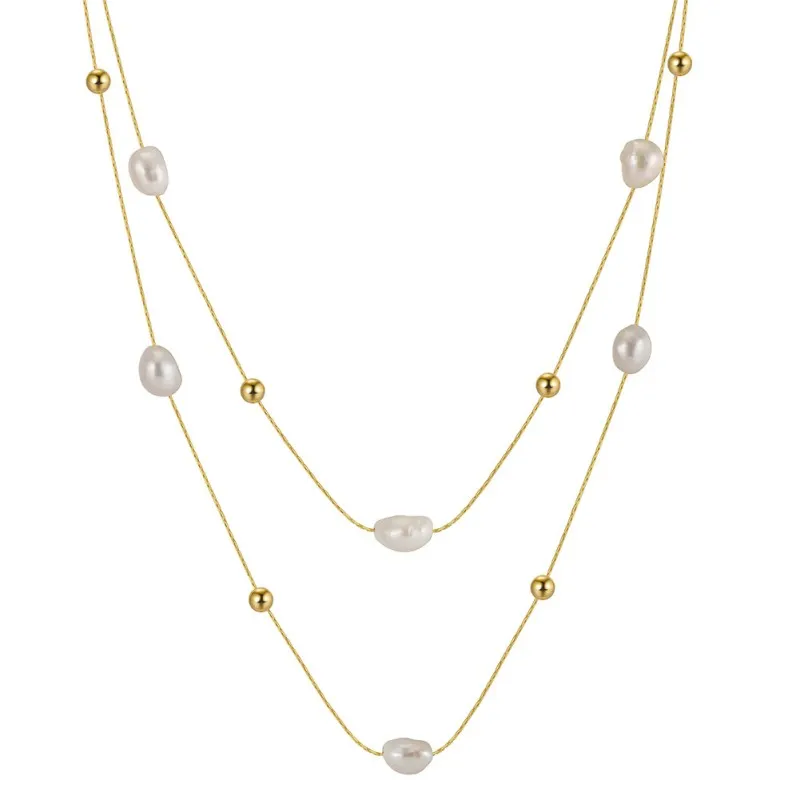 925 Sterling Silver Fresh Water Pearl Layered Chain Necklace 80400006