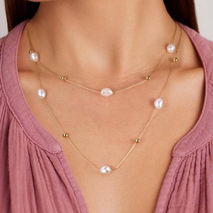 925 Sterling Silver Fresh Water Pearl Layered Chain Necklace 80400006