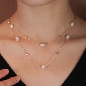 925 Sterling Silver Fresh Water Pearl Layered Chain Necklace 80400006