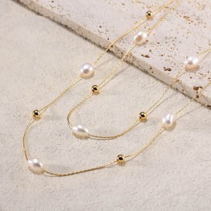 925 Sterling Silver Fresh Water Pearl Layered Chain Necklace 80400006