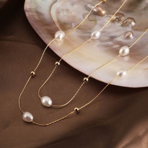 925 Sterling Silver Fresh Water Pearl Layered Chain Necklace 80400006