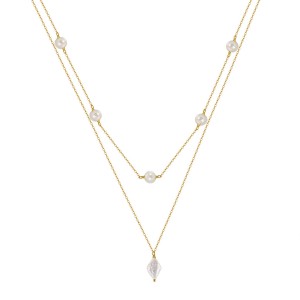 925 Sterling Silver Fresh Water Pearl Layered Chain Necklace 80400008