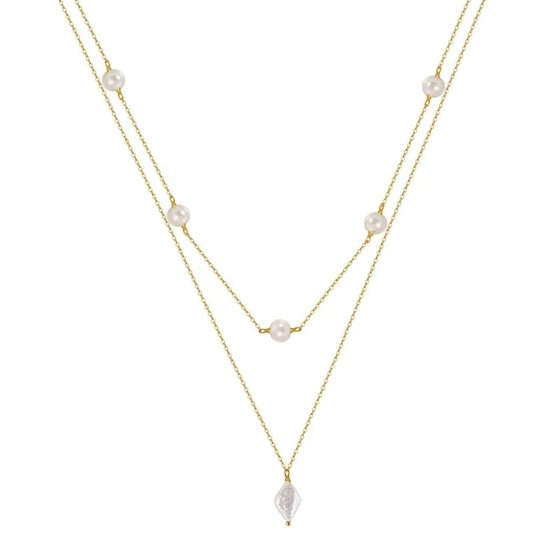 925 Sterling Silver Fresh Water Pearl Layered Chain Necklace 80400008