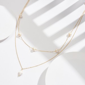 925 Sterling Silver Fresh Water Pearl Layered Chain Necklace 80400008