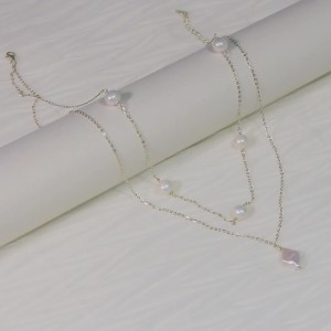 925 Sterling Silver Fresh Water Pearl Layered Chain Necklace 80400008